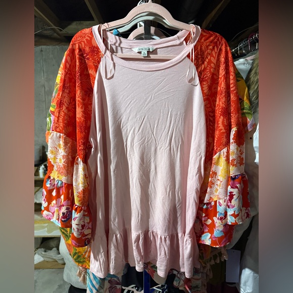 The Pioneer Woman Tops - The Pioneer Woman Blush Pink Top with Colorful Floral Sleeves